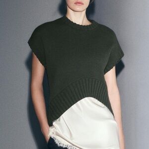 Zara khaki green oversized asymmetric hem wool and cashmere blend vest NWT